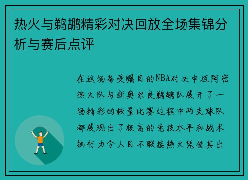 热火与鹈鹕精彩对决回放全场集锦分析与赛后点评